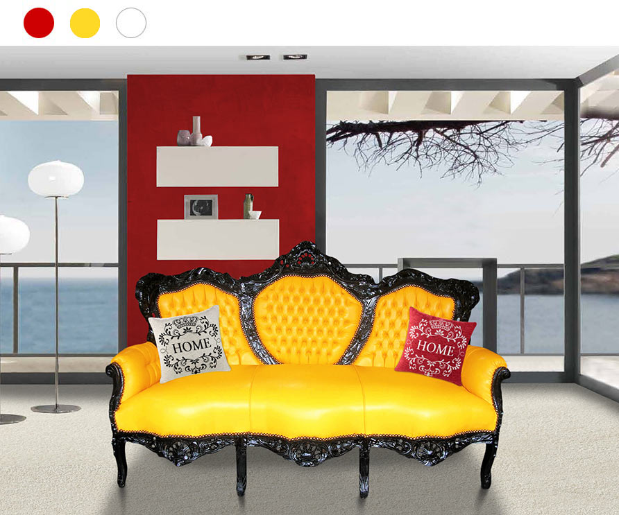 Baroque yellow couch in a red and white environment